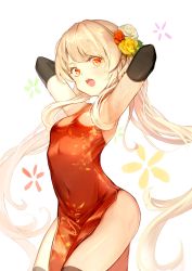 Rule 34 | 1girl, absurdres, armpits, arms up, black gloves, black thighhighs, blonde hair, breasts, china dress, chinese clothes, covered navel, cowboy shot, dampi, dress, elbow gloves, floral background, flower, gloves, hair flower, hair ornament, highres, long hair, looking at viewer, open mouth, red dress, red eyes, red flower, red rose, rose, simple background, small breasts, solo, sweat, thighhighs, twintails, very long hair, white background, white flower, white rose, yellow flower, yellow rose