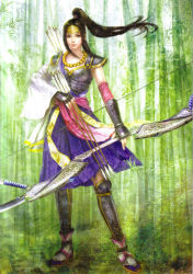 Rule 34 | 1girl, armor, arrow (projectile), bamboo, bamboo forest, black hair, bow, bow (weapon), breastplate, dress, forest, gauntlets, greaves, headpiece, highres, inahime, nature, scan, sengoku musou, sengoku musou 2, solo, weapon