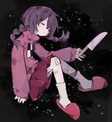Rule 34 | 1girl, absurdres, bandaged knees, bandaged leg, bandages, black background, braid, brown hair, closed eyes, commentary, english commentary, full body, highres, holding, holding knife, kitchen knife, kneehighs, knife, long sleeves, madotsuki, medium hair, parted lips, pink sweater, pleated skirt, red footwear, red skirt, simple background, skirt, sleeves past wrists, slippers, socks, solo, soresaki, sparkle, sweater, twin braids, white socks, yume nikki