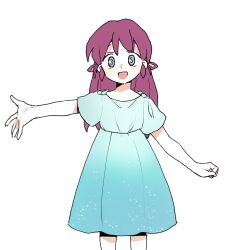 Rule 34 | 1girl, blue dress, commentary request, cowboy shot, dress, employee (project moon), grey eyes, hair ribbon, lobotomy corporation, long hair, medu (rubish), open mouth, original, pink ribbon, project moon, purple hair, ribbon, short sleeves, simple background, sketch, smile, solo, white background