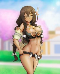 Rule 34 | 1girl, absurdres, azur lane, braid, breasts, brown hair, cleavage, clothes pull, dark-skinned female, dark skin, highres, large breasts, legs, looking at viewer, low twin braids, midriff, native american, navel, shorts, shorts pull, smile, solo, south dakota (azur lane), thick thighs, thighs, toned, twin braids, undressing, yellow eyes