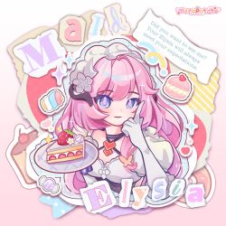 Rule 34 | 1girl, absurdres, artist name, black choker, blue eyes, breasts, cake, character name, cherry, choker, elbow gloves, elysia (honkai impact), elysia (miss pink elf) (honkai impact), english text, fake horns, food, fruit, gloves, hair between eyes, highres, holding, holding plate, honkai (series), honkai impact 3rd, horns, long hair, looking at viewer, maid, maid headdress, meropotato, pink background, pink hair, plate, pointing, pointing up, strawberry shortcake, upper body, very long hair, white gloves