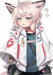 Rule 34 | 1girl, ahoge, animal ear fluff, animal ears, arknights, black choker, blue eyes, blue shirt, capelet, choker, commentary request, grey hair, looking at viewer, material growth, open mouth, oripathy lesion (arknights), shirt, simple background, solo, sussurro (arknights), tail, tsuyuki yuki, v-shaped eyebrows, white background, white capelet