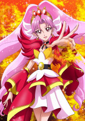 Rule 34 | 1girl, akagi towa, belt, bracelet, choker, cowboy shot, cure scarlet, detached sleeves, earrings, go! princess precure, hanzou, jewelry, long hair, magical girl, orange background, outstretched hand, pink hair, pointy ears, precure, quad tails, red eyes, skirt, smile, solo