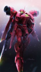 Rule 34 | absurdres, gerbera tetra, glowing, glowing eye, green eyes, gun, gundam, gundam 0083, hand on own hip, highres, holding, holding gun, holding weapon, looking at viewer, mecha, mobile suit, no humans, one-eyed, robot, science fiction, solo, taka-f, weapon