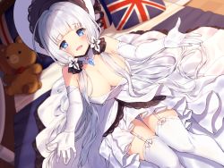 Rule 34 | 1girl, :d, absurdres, azur lane, bare shoulders, bed, blue eyes, blurry, blurry background, blush, breasts, cleavage, collar, commentary request, depth of field, detached collar, dress, dutch angle, elbow gloves, flag print, garter straps, gloves, hat, highres, illustrious (azur lane), indoors, large breasts, long hair, looking at viewer, low twintails, mole, mole under eye, on bed, open mouth, outstretched arms, pillow, print pillow, silver hair, sitting, smile, solo, strapless, strapless dress, stuffed animal, stuffed toy, teddy bear, thighhighs, twintails, union jack, usamata, very long hair, white collar, white dress, white gloves, white hat, white thighhighs
