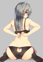 Rule 34 | 1girl, animal ears, arms behind back, ass, ass cutout, back, bare shoulders, black bra, black hair, black legwear, black panties, bra, brown eyes, butt crack, cat cutout, cat ears, cat lingerie, clothing cutout, gin00, grey background, hair ornament, hairclip, haruna (kancolle), highres, kantai collection, long hair, looking back, meme attire, panties, parody, side-tie panties, simple background, sitting, solo, underwear, underwear only, wariza, wide hips