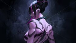 Rule 34 | 1girl, black hair, breasts, collar, double bun, earrings, from behind, grin, hair bun, han juri, highres, jewelry, large breasts, looking back, multicolored hair, phamoz, pink eyes, pink hair, smile, solo, spider tattoo, spiked collar, spikes, streaked hair, street fighter, street fighter 6, tattoo, topless, upper body