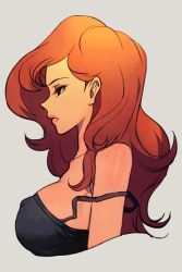 Rule 34 | 1girl, bare shoulders, black eyes, breasts, brown hair, cropped torso, covered erect nipples, eyeshadow, grey background, hungry clicker, large breasts, long hair, lupin iii, makeup, mine fujiko, profile, sad, simple background, solo, strap slip, upper body