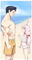 Rule 34 | 1boy, 1girl, ahoge, beach, bikini, black hair, blue archive, blue eyes, bulge, closed eyes, cloud, day, flying sweatdrops, frilled bikini, frills, from side, groin, hair bobbles, hair ornament, halo, height difference, highres, hoshino (blue archive), hoshino (swimsuit) (blue archive), long hair, low twintails, male swimwear, microskirt, navel, official alternate costume, open mouth, outdoors, pink hair, profile, scar, scar on stomach, sensei (blue archive), size difference, skirt, sky, snorkel14, standing, stomach, sweatdrop, swim trunks, swimsuit, toned, toned male, topless male, twintails, very long hair, white bikini