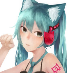 Rule 34 | 1girl, animal ears, aqua hair, bad id, bad pixiv id, cat ears, green eyes, hatsune miku, headphones, paw pose, portrait, sakimori (hououbds), simple background, solo, twintails, upper body, vocaloid, white background