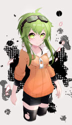 Rule 34 | 1girl, absurdres, cropped legs, goggles, goggles on head, green eyes, green hair, gumi, highres, jacket, jinsei reset button (vocaloid), kogaara, long hair, looking at viewer, shorts, solo, thighhighs, torn clothes, torn thighhighs, vocaloid, zipper pull tab