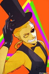 Rule 34 | 1boy, 2016, adjusting clothes, adjusting headwear, artist name, baz neko, bill cipher, black gloves, black sclera, blonde hair, bow, bowtie, colored sclera, dated, earrings, gloves, gravity falls, grin, hat, heterochromia, highres, jewelry, male focus, personification, pointy ears, ponytail, shirt, smile, solo, top hat, triangle, twitter username, waistcoat, yellow shirt