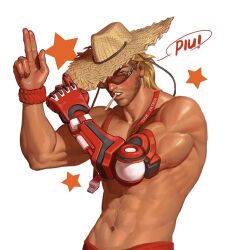 Rule 34 | 1boy, abs, brown hair, cassidy (overwatch), et.m, facial hair, finger gun, hat, large pectorals, lifeguard cassidy, male focus, mechanical arms, muscular, muscular male, navel, official alternate costume, overwatch, overwatch 1, pectorals, short hair, sideburns, simple background, single mechanical arm, solo, straw hat, sunglasses, teeth, topless male, whistle, whistle around neck, white background, wristband