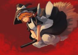 Rule 34 | 1girl, apron, black dress, black hat, blonde hair, bow, broom, broom riding, closed mouth, commentary request, dress, expressionless, fujimi nao, full body, hat, hat bow, highres, kirisame marisa, red background, short hair, solo, touhou, white apron, white bow, witch hat, yellow eyes