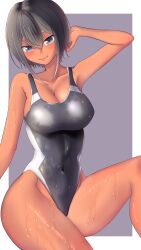 Rule 34 | 1girl, absurdres, arisu (alice1019sm), armpits, black hair, black one-piece swimsuit, breasts, cleavage, commentary request, competition swimsuit, covered navel, grey background, hair between eyes, highleg, highleg swimsuit, highres, large breasts, one-piece swimsuit, original, short hair, sitting, solo, swimsuit, tan, two-tone swimsuit, wet, wet clothes, wet swimsuit