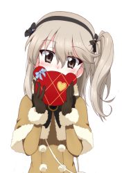 Rule 34 | 1girl, black bow, black gloves, black ribbon, blush, bow, box, brown capelet, brown dress, brown eyes, capelet, commentary, covering own mouth, dress, fur-trimmed capelet, fur trim, gift, gift box, girls und panzer, gloves, hair ribbon, heart, holding, holding gift, kayabakoro, light brown hair, long hair, long sleeves, looking at viewer, one side up, ribbon, shimada arisu, simple background, solo, upper body, valentine, white background