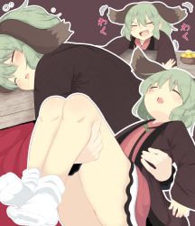 Rule 34 | +++, 1girl, 1other, animal ears, bare legs, brown background, carrying, closed eyes, commentary request, dress, drooling, feet, food, fruit, green hair, highres, kasodani kyouko, kotatsu, laughing, lolimate, mandarin orange, multiple views, no shoes, open mouth, pink dress, princess carry, short dress, simple background, sleeping, socks, solo focus, table, thighs, touhou, white legwear