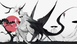 Rule 34 | animal focus, black bow, black bowtie, black horns, black tail, black wings, bow, bowtie, creature, extra arms, full body, grass, highres, horns, kamikiririp, large wings, mountain, no humans, original, outdoors, red sun, sharp teeth, sky, solo, teeth, tree, whiskers, white fur, white hair, white sky, white wings, wings