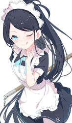 Rule 34 | 1girl, ;q, apron, aris (blue archive), aris (maid) (blue archive), black hair, blue archive, blue eyes, blush, broom, highres, holding, holding broom, long hair, looking at viewer, maid, maid apron, maid headdress, official alternate costume, one eye closed, ponytail, runep, short sleeves, simple background, solo, tongue, tongue out, white background