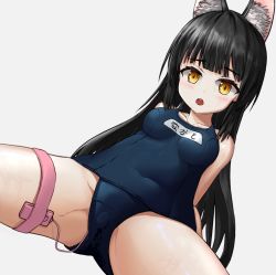 Rule 34 | 1girl, animal ear fluff, animal ears, azur lane, bare shoulders, black hair, blue one-piece swimsuit, blunt bangs, blush, breasts, cat ears, cat girl, character name, clothes writing, collarbone, controller, covered navel, dutch angle, egg vibrator, female focus, japanese text, leaning back, long hair, looking at viewer, medium breasts, nagato (azur lane), one-piece swimsuit, open mouth, remote control, remote control vibrator, sex toy, shiny skin, sidelocks, simple background, sitting, solo, spread legs, sweat, swimsuit, tareme, teeth, thigh strap, translated, vibrator, vibrator under clothes, wet, white background, xshu 23, yellow eyes