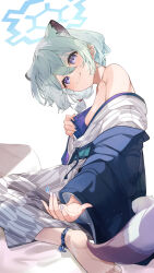 Rule 34 | 1girl, absurdres, animal ears, bare shoulders, bath yukata, bed sheet, blue archive, blue halo, breasts, closed mouth, commentary, double-parted bangs, fingernails, from side, grey hair, grey kimono, hair between eyes, halo, haori, head tilt, highres, japanese clothes, kimono, looking at viewer, medium breasts, mimizuku (mmiganaru), off shoulder, official alternate costume, official alternate hairstyle, on bed, purple eyes, reaching, reaching towards viewer, shigure (blue archive), shigure (hot spring) (blue archive), short hair, short ponytail, simple background, sitting, smile, solo, tail, wariza, weasel ears, weasel girl, weasel tail, white background, white nails, wide sleeves, yukata