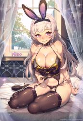 Rule 34 | 00s, 1girl, animal ears, bad id, bad pixiv id, bed, bed sheet, black footwear, black panties, black thighhighs, blush, bow, bow panties, breasts, character request, cleavage, collarbone, condom, condom in mouth, condom wrapper, curtains, dungeon and fighter, earrings, fake animal ears, garter belt, garter straps, hairband, high heels, highres, indoors, jewelry, large breasts, long hair, looking at viewer, mouth hold, muloli, on bed, panties, pillow, presenting, purple eyes, rabbit ears, shiny skin, shoes, silver hair, sitting, smile, solo, sparkle, thighhighs, underwear, watermark, web address, window, yokozuwari