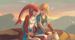 Rule 34 | 1boy, 1girl, absurdres, blonde hair, blue tunic, colored skin, earrings, fins, fish girl, hairband, head fins, headpiece, highres, jewelry, link, looking at another, mipha, molianmengdada, neck ring, nintendo, ponytail, red skin, short hair, sidelocks, smile, the legend of zelda, the legend of zelda: breath of the wild, yellow eyes, zora