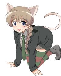 Rule 34 | 1girl, ahoge, all fours, animal ears, black footwear, black jacket, blue eyes, boots, braid, brown hair, cat ears, cat tail, green necktie, grey sweater, highres, jacket, kaneko (novram58), long hair, lynette bishop, necktie, open mouth, ponytail, shirt, simple background, smile, solo, strike witches, striped clothes, striped thighhighs, sweater, tail, thighhighs, white background, white shirt, world witches series