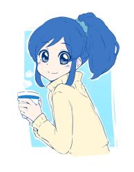 Rule 34 | 1girl, aikatsu!, aikatsu! (series), blue background, blue hair, blue scrunchie, blush, brown sweater, closed mouth, commentary request, cropped torso, cup, from side, grey eyes, hair ornament, hair scrunchie, hands up, high ponytail, holding, holding cup, kiriya aoi, looking at viewer, looking to the side, mug, nozo (hitomiz), ponytail, scrunchie, smile, solo, sweater, two-tone background, upper body, white background