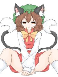 1girl :t animal_ear_fluff animal_ear_piercing animal_ears annoyed between_legs blush bow bowtie brown_eyes brown_hair cat_ears cat_tail chen commentary_request crossed_wrists double-parted_bangs earrings eyes_visible_through_hair feet_out_of_frame frills fumomono hair_between_eyes half-closed_eyes hand_between_legs hat highres jewelry long_sleeves looking_at_viewer m_legs messy_hair mob_cap multiple_tails nekomata pout puffy_long_sleeves puffy_sleeves red_skirt red_vest short_hair simple_background single_earring sitting skirt skirt_set slit_pupils solo spread_legs tail touhou two_tails v-shaped_eyebrows vest white_background yellow_bow yellow_bowtie