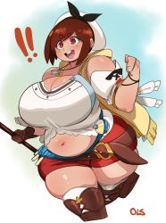 Rule 34 | 1girl, atelier (series), belly, breasts, brown eyes, brown hair, cleavage, cosplay, hat, highres, huge breasts, jewelry, lightsource, muffin top, necklace, plump, purin (lightsource), reisalin stout, reisalin stout (cosplay), short shorts, shorts, smile, solo, thick eyebrows, thick thighs, thighhighs, thighs, wide hips, zettai ryouiki