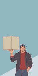 Rule 34 | 1boy, absurdres, asgar (youtian), backwards hat, bara, baseball cap, beard stubble, box, cardboard box, expressionless, facial hair, feet out of frame, goatee stubble, hand up, hat, highres, jacket, ji peng gou you, looking at viewer, male focus, mature male, muscular, muscular male, open clothes, open jacket, red sweater, short hair, solo, standing, straight-on, stubble, sweater, thick eyebrows, youtian (youtiange)