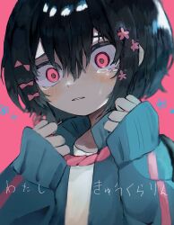Rule 34 | 1girl, absurdres, black hair, blue jacket, blurry, blush, bow, commentary request, crying, crying with eyes open, depth of field, flower, flower (symbol), furrowed brow, hair bow, hair flower, hair ornament, hands up, highres, holding, holding rope, jacket, kurari-chan (iyowa), kyu-kurarin (cevio), long sleeves, looking down, lyrics, multiple hair bows, noose, open clothes, open jacket, parted lips, pink background, pink bow, pink eyes, pink flower, rope, sasakisushisu9, sleeves past fingers, sleeves past wrists, solo, tears, track jacket, translation request, upper body, wide-eyed
