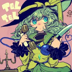 Rule 34 | 1girl, black hat, blouse, blush, bow, bright pupils, buttons, closed mouth, corded phone, dated, diamond button, eyebrows hidden by hair, frilled shirt collar, frilled sleeves, frills, green eyes, green hair, green skirt, hair between eyes, hands up, hat, hat bow, heart, heart of string, holding, holding knife, holding phone, knife, komeiji koishi, long hair, long sleeves, looking to the side, maaru (akira428), nose blush, one-hour drawing challenge, phone, shirt, sideways glance, signature, skirt, solo, third eye, touhou, upper body, wavy hair, white pupils, wide sleeves, yellow bow, yellow shirt