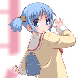 Rule 34 | 1girl, bag, blue eyes, blue hair, cube hair ornament, hair ornament, looking back, matching hair/eyes, motomi, naganohara mio, nichijou, open mouth, school uniform, short hair, short twintails, sleeves past wrists, solo, tokisadame school uniform, twintails, white background