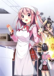 Rule 34 | 2girls, :d, absurdres, apron, black hair, bow, bowtie, cooking, failure, fire, from behind, highres, holding, holding knife, indoors, knife, long hair, multiple girls, open mouth, original, pink eyes, pink hair, pink shirt, pleated skirt, red bow, red skirt, school uniform, shirt, short hair, skirt, smile, smoke, sweatdrop, two side up, usume shirou