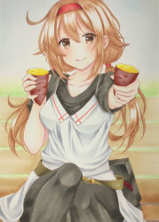 Rule 34 | 1girl, :p, absurdres, ahoge, alternate costume, belt, bench, black skirt, brown eyes, brown hair, cannon, casual, dress, food, food on face, headband, highres, kantai collection, kumaccyo, leggings, legs together, looking at viewer, marker (medium), medium hair, pantyhose, red headband, red headwear, shiratsuyu (kancolle), simple background, sitting, skirt, smile, sweet potato, tongue, tongue out, traditional media, white dress