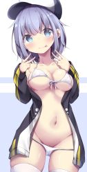 Rule 34 | 1girl, baseball cap, bikini, bikini pull, black jacket, blue eyes, blush, breasts, clothes pull, covered erect nipples, double v, front-tie bikini top, front-tie top, groin, hair between eyes, hands up, hat, head tilt, jacket, kyuukon (qkonsan), large breasts, long sleeves, navel, open clothes, open jacket, original, purple background, purple hair, sleeves past wrists, solo, swimsuit, thighhighs, two-tone background, v, white background, white bikini, white hat, white thighhighs