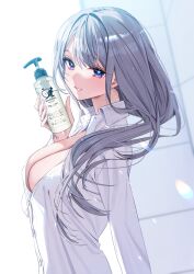 Rule 34 | 1girl, blue eyes, blush, bottle, breasts, chigusa minori, collared shirt, grey hair, highres, holding, holding bottle, large breasts, long hair, long sleeves, looking at viewer, lotion bottle, original, partially unbuttoned, shirt, smile, solo, white shirt