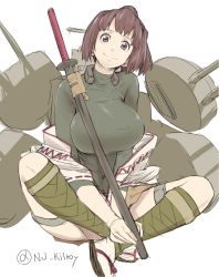 Rule 34 | 10s, 1girl, bodystocking, breasts, brown eyes, brown hair, female focus, highres, indian style, ise (kancolle), japanese clothes, kantai collection, katana, large breasts, looking at viewer, machinery, nujima, sandals, sheath, short hair, short ponytail, simple background, sitting, smile, socks, solo, sword, twitter username, weapon
