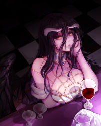 Rule 34 | 1girl, albedo (overlord), alcohol, arm under breasts, bad id, bad pixiv id, black hair, black wings, breasts, checkered floor, closed mouth, commentary, counter, cup, demon girl, demon horns, demon wings, detached collar, dress, drink, drinking glass, feathered wings, feathers, glasses, hair between eyes, hand on own cheek, hand on own face, highres, horns, jewelry, kibellin, large breasts, looking at viewer, low wings, necklace, overlord (maruyama), slit pupils, solo, tile floor, tiles, white dress, wine glass, wings, yellow eyes