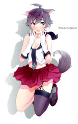 Rule 34 | 10s, 1girl, absurdres, ahoge, animal ears, bad id, bad pixiv id, dated, dog ears, dog tail, gloves, highres, kantai collection, sakawa (kancolle), short hair, skirt, solo, tail, tebi (tbd11), white background, white gloves