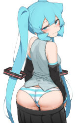 Rule 34 | 1girl, abmayo, aqua eyes, aqua hair, aqua nails, ass, bare shoulders, blush, breasts, clothes pull, detached sleeves, grey shirt, hair ornament, hatsune miku, highres, long hair, looking at viewer, looking back, panties, shirt, simple background, skirt, skirt pull, sleeveless, solo, striped clothes, striped panties, thighhighs, twintails, underwear, very long hair, vocaloid, white background
