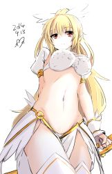 Rule 34 | 1girl, blonde hair, bow (weapon), breasts, cowboy shot, dated, hair ornament, highres, long hair, medium breasts, momo (higanbana and girl), nanaly (sennen sensou aigis), navel, pelvic curtain, perspective, ponytail, red eyes, sennen sensou aigis, signature, solo, thighhighs, weapon, white background, white thighhighs, wrist cuffs