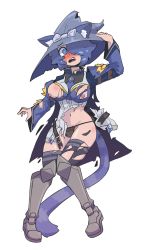 Rule 34 | 1girl, @ @, absurdres, animal ear fluff, animal ears, armor, belt, black panties, blue bow, blue cape, blue dress, blue eyes, blue hair, blush, borrowed character, bow, bowtie, breasts, cape, cat ears, cat girl, cat tail, doce, dress, fang, female focus, full body, greaves, hair over one eye, hat, highres, knees together feet apart, large breasts, nipples, open mouth, original, panties, short hair, simple background, solo, striped clothes, striped thighhighs, sylvia (flatflyer), tail, thighhighs, torn cape, torn clothes, torn dress, torn thighhighs, underwear, white background, witch hat