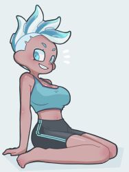 Rule 34 | 1girl, armpit crease, bare shoulders, black shorts, blue background, blue eyes, blue hair, breasts, cleavage, commentary request, crop top, dark-skinned female, dark skin, eyelashes, hekoningyou (waraningyou), highres, large breasts, midriff, mohawk, navel, nintendo, octoling, octoling girl, octoling player character, short hair, shorts, simple background, sitting, smile, solo, splatoon (series), teeth, tentacle hair, thick eyebrows