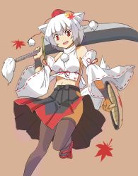 Rule 34 | 1girl, animal ears, detached sleeves, hat, inubashiri momiji, open mouth, over shoulder, red eyes, shield, shimouki izui, short hair, skirt, smile, solo, sword, sword over shoulder, tail, tokin hat, touhou, weapon, weapon over shoulder, white hair, wolf ears, wolf tail