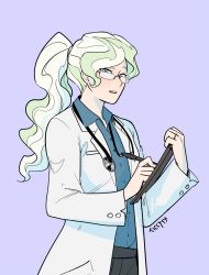 Rule 34 | 1girl, blue eyes, blue shirt, buttoned cuffs, buttons, coat, commentary, diana cavendish, english commentary, glasses, highres, jewelry, little witch academia, open mouth, pen, ponytail, ring, shirt, simple background, tablet pc, ticcy, white coat, white hair