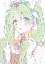 Rule 34 | 1girl, :o, blush, commentary request, frey (rune factory), frills, gloves, green eyes, green hair, hair between eyes, hair ribbon, hands up, holding, holding hair, long hair, looking at viewer, mini mamu, open mouth, ribbon, rune factory, rune factory 4, simple background, sleeveless, solo, tiara, twintails, upper body, white background, white gloves